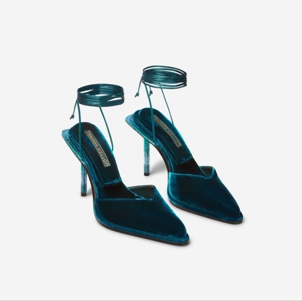 Tamara Mellon rhinstones embellished velvet pillow top Comet heels